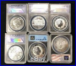 LOT OF 6 2010 1 oz SILVER WORLD COINS VARIETY SET ANACS MS70