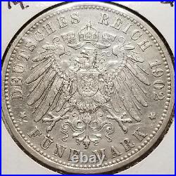 Large 90% Silver World Coin 1902 G 5 MARK German States BADEN low mintage 42,708