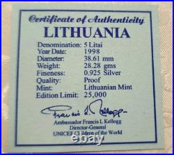 Lithuania 5 litai/litas 1998 UNICEF CHILDREN OF THE WORLD PROOF Silver coin RARE