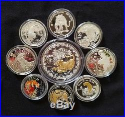 Lot of 9 (1 3oz.)(8 1oz.) TIGERS Silver Coins From Around The World