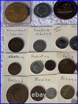 Lot of Various World Coins, Collectable Tokens, Medals, and Medallions