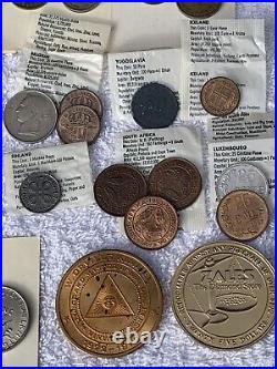 Lot of Various World Coins, Collectable Tokens, Medals, and Medallions