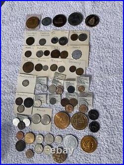 Lot of Various World Coins, Collectable Tokens, Medals, and Medallions