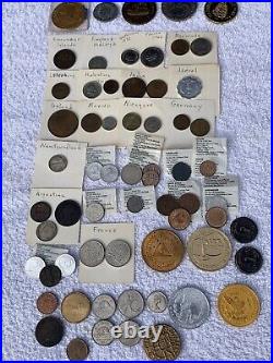 Lot of Various World Coins, Collectable Tokens, Medals, and Medallions