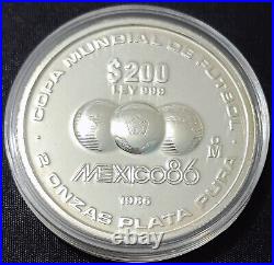 MEXICO 1986 $200 WORLD SOCCER CUP 2 oz. Silver coin, in capsule, scarce, see img