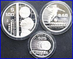 Mexico $100, $50 and $25 Pesos Silver Proof 1986 World Soccer Cup. 3 coin set