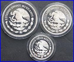 Mexico $100, $50 and $25 Pesos Silver Proof 1986 World Soccer Cup. 3 coin set