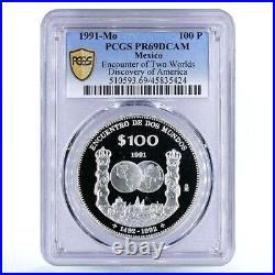 Mexico 100 pesos Encounter of Two Worlds Ships PR69 PCGS silver coin 1991
