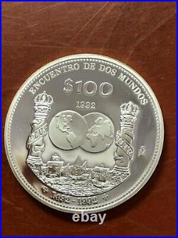 Mexico 100 pesos Encounter of two Worlds Columnaria proof silver coin 1992