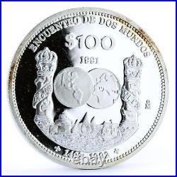 Mexico 100 pesos Ibero America Encounter of Two Worlds Ships silver coin 1991