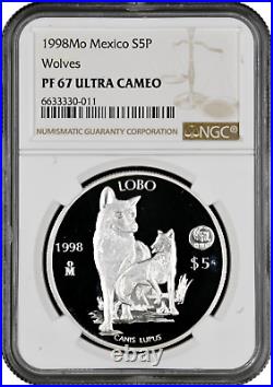 Mexico 5 pesos 1998, NGC PF67 UC, World Wildlife Fund Wolf silver coin