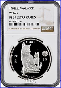 Mexico 5 pesos 1998, NGC PF69 UC, World Wildlife Fund Wolf silver coin