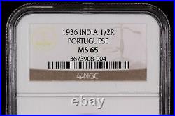 NGC Graded MS65 India Portugese 1936 1/2 Rupia Uncirculated World Silver Coin