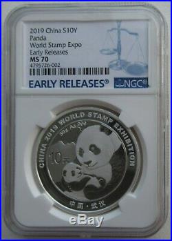 NGC MS70 China 2019 World Stamp Exhibition Panda Silver Coin 10 Yuan 30g COA