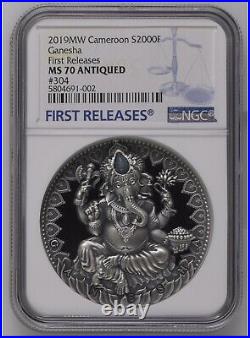 NGC MS70 FR 2019 Cameroon World Cultures -Ganesha 2 oz Silver Antique Coin