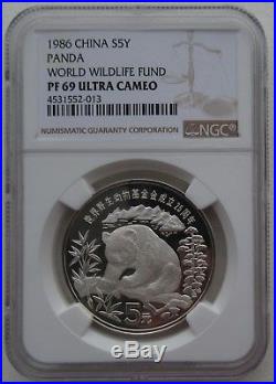 NGC PF69 China 1986 World Wildlife Fund Panda Silver Coin 5 Yuan COA