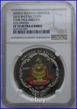 NGC PF70 Bhutan 2010 World Buddha Heritage Colorized Silver Coin 1oz S250N COA