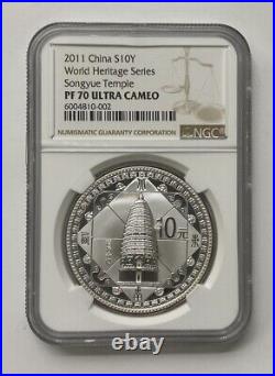 NGC PF70 China 2011 World Heritage Series Songyue Temple Silver Coin 1oz 10 Yuan