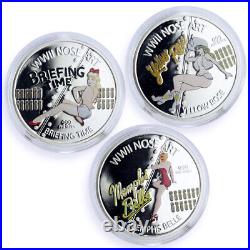 Niue set of 3 coins World War II WWII Nose Art Pin Up colored silver coins 2012