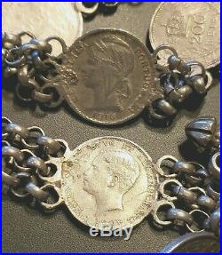 Old World Coin Necklace 17 Silver Coins 202 Grams 15x200 Reis -1909, 1891, 92