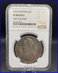 Panama 1904 50 Centesimos Elf Rare. 9 Silver World Coin NGC Graded VF Det G002