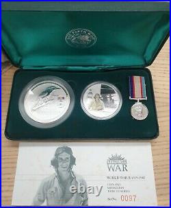 Perth Mint 2003 World War II 2oz Proof Kookaburra Silver Coin & 1oz WWII Medal