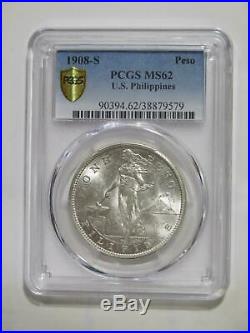 Philippines 1908 S Peso U. S. Mint Pcgs Ms62 Graded Silver World Coin