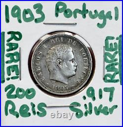 RARE 1903 200 Reis Portugal Carlos I SCARCE 200,000.917 Silver World Coin