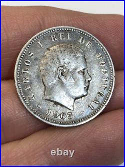 RARE 1903 200 Reis Portugal Carlos I SCARCE 200,000.917 Silver World Coin
