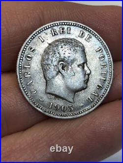 RARE 1903 200 Reis Portugal Carlos I SCARCE 200,000.917 Silver World Coin