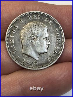 RARE 1903 200 Reis Portugal Carlos I SCARCE 200,000.917 Silver World Coin