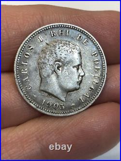 RARE 1903 200 Reis Portugal Carlos I SCARCE 200,000.917 Silver World Coin