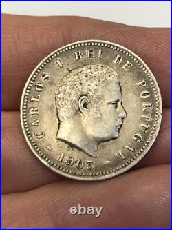 RARE 1903 200 Reis Portugal Carlos I SCARCE 200,000.917 Silver World Coin