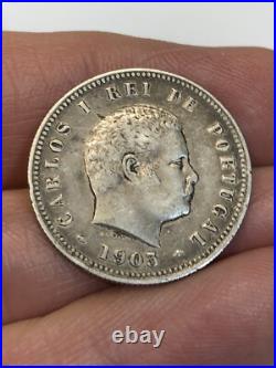 RARE 1903 200 Reis Portugal Carlos I SCARCE 200,000.917 Silver World Coin