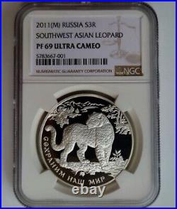 Russia 2011 3 Roubles ASIAN LEOPARD Protect Our World Proof Silver Coin NGC PF69