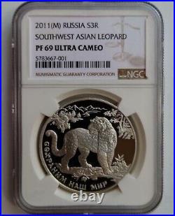 Russia 2011 3 Roubles ASIAN LEOPARD Protect Our World Proof Silver Coin NGC PF69