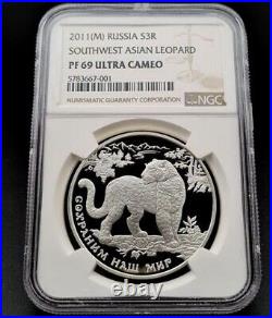 Russia 2011 3 Roubles ASIAN LEOPARD Protect Our World Proof Silver Coin NGC PF69