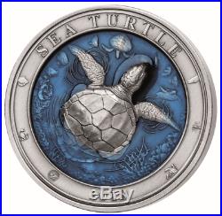 Sea Turtle Underwater World 2018 3 Oz $5 Ultra High Relief Silver Coin Barbados
