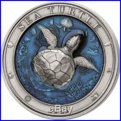 Sea Turtle Underwater World 3 oz Antigue finish Silver Coin 5$ Barbados 2018
