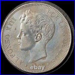 Spain 1898 (98), 5 pesetas BIG old world silver coin HIGH GRADE #3818