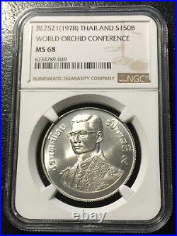 Thailand 150 Baht 1978 Silver coin NGC MS68 World Orchid Conference