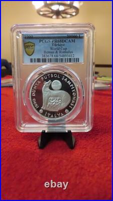 Turkey 1990 World Cup Italy Silver 20000 Lira REMUS & ROMULUS roman PCGS PR68
