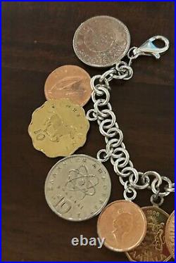 VTG Coins Of The World STERLING SILVER Charm BRACELET NEW withBox