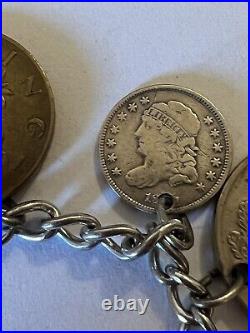 Victorian 1880s STERLING SILVER BRACELET WORLD COINS US LIBERTY 5c +