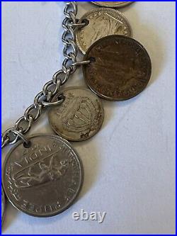Victorian 1880s STERLING SILVER BRACELET WORLD COINS US LIBERTY 5c +