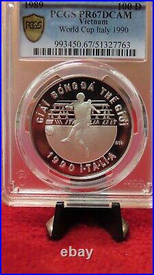 Vietnam 1989 World Cup Italy 999 Silver 100 Dong Soccer / Football PCGS PR67