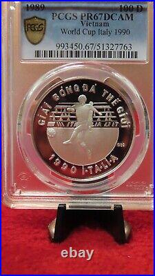 Vietnam 1989 World Cup Italy 999 Silver 100 Dong Soccer / Football PCGS PR67