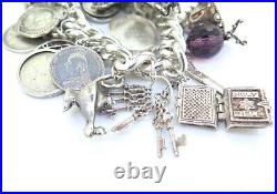 Vintage Sterling Silver 1975 Totally Stacked Bracelet with Coins & Charms 157.2g
