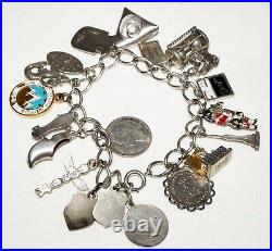Vintage Sterling Silver 21x World Travel Charms Bracelet incl. Coins etc(KoS) L8