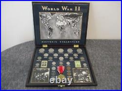 WORLD WAR II HISTORIC COLLECTION 25 COINS (19 SILVER) 2 STAMPS +MEDAL withWOOD BOX